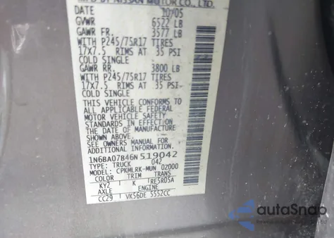 2006 Nissan Titan Xe z USA, uszkodzony, nr VIN 1N6BA07B46N519042